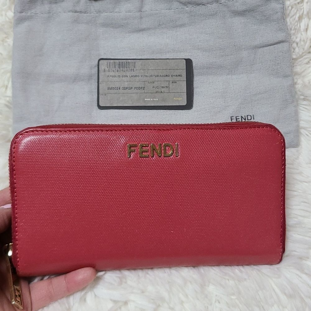 Fendi Red Saffiano Leather Zip Around Continental Long Wallet